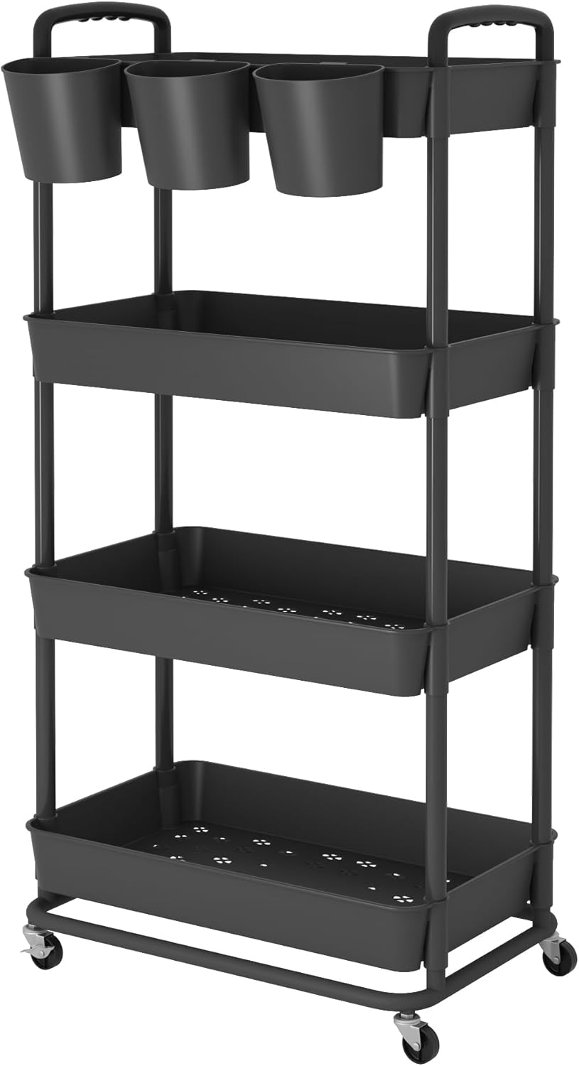 JIUYOTREE - Carrito de plástico con ruedas de 4 niveles, con tazas colgantes adicionales, asas y ruedas bloqueables para sala de estar, baño, cocina y oficina, color negro