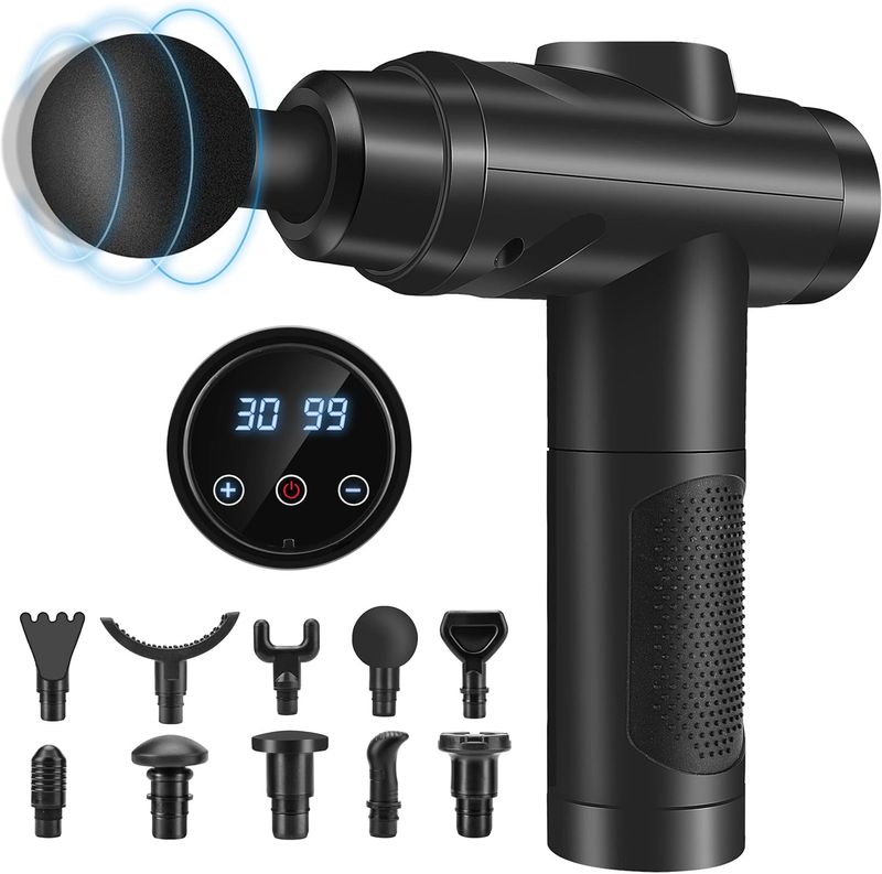 Zerolia Pistola de masaje, masajeador de percusión muscular con 30 velocidades, pistola de masaje con pantalla táctil LCD de 10 cabezas, pistola de masaje para hombro y espalda relajación (1 #)