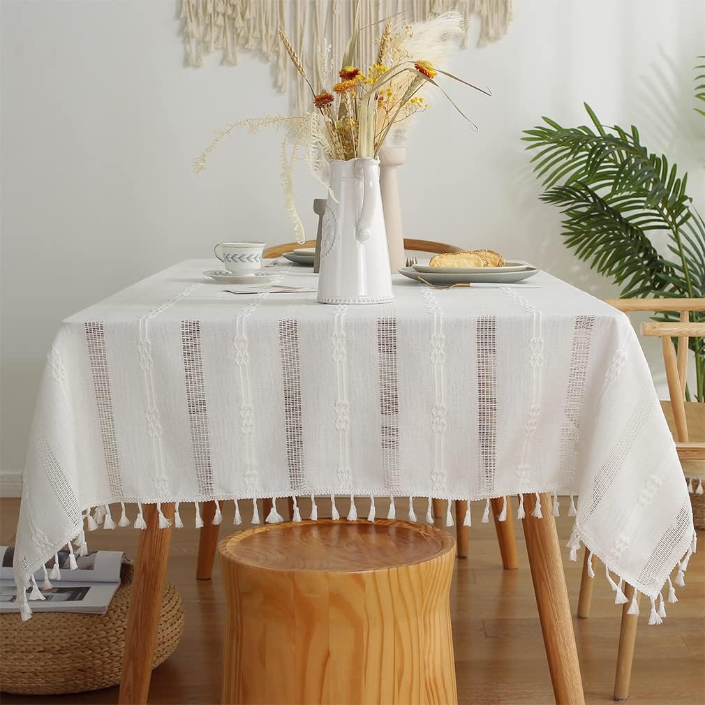 Pahajim Mantel Blanco de Lino y Algodón, Manteles Lavables, Rectangular, Moderno, Estilo Borla, para Exteriores, jardín, Restaurante, decoración de Escritorio (Blanco, 140 x 220 cm)