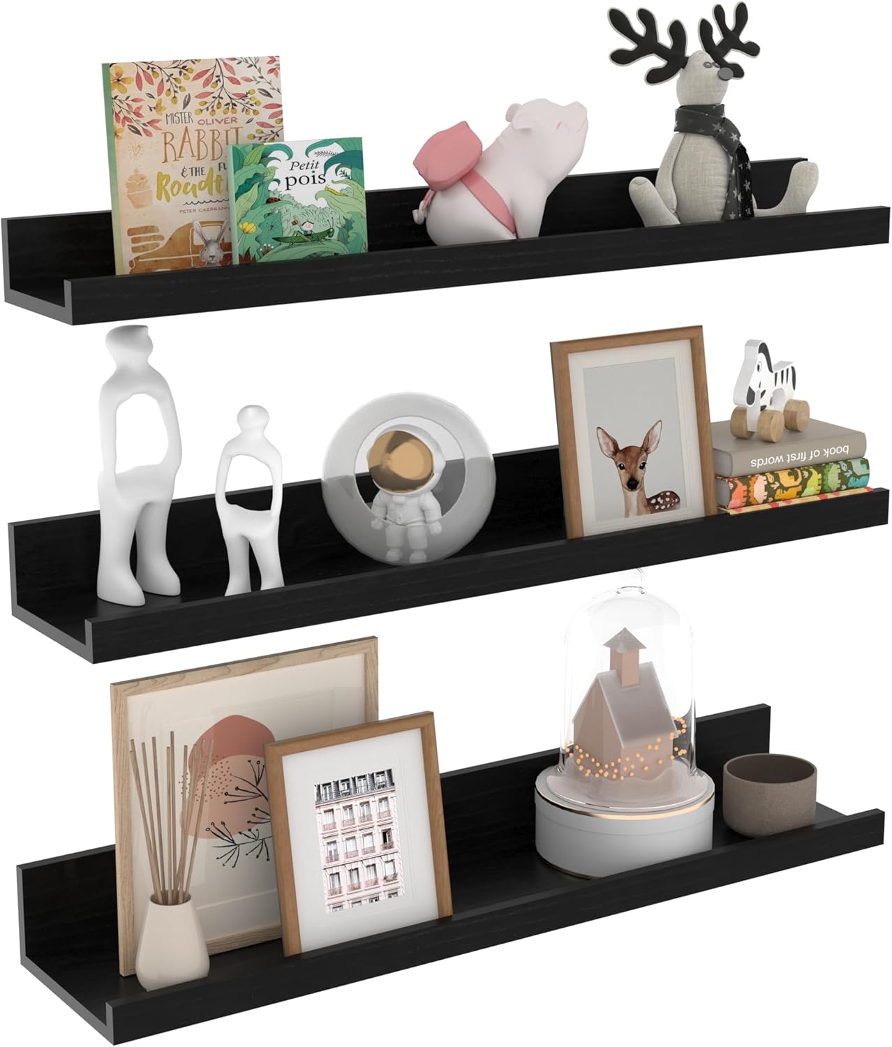 Estante de pared EXYGLO de 60 cm, estante flotante para cuadros para sala de estar, cocina, habitación infantil, dormitorio u oficina, juego de 3 estantes de pared de diferentes tamaños (negro)