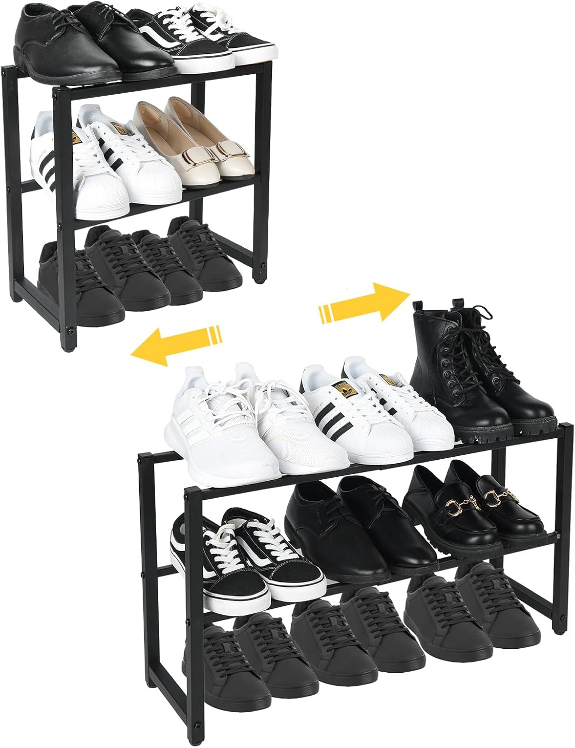 Zapatero de dos niveles hi-home, organizador de zapatos de metal, extensible y compacto, apilable, para exterior, modular para entrada, 70 x 20 x 37 cm (negro)