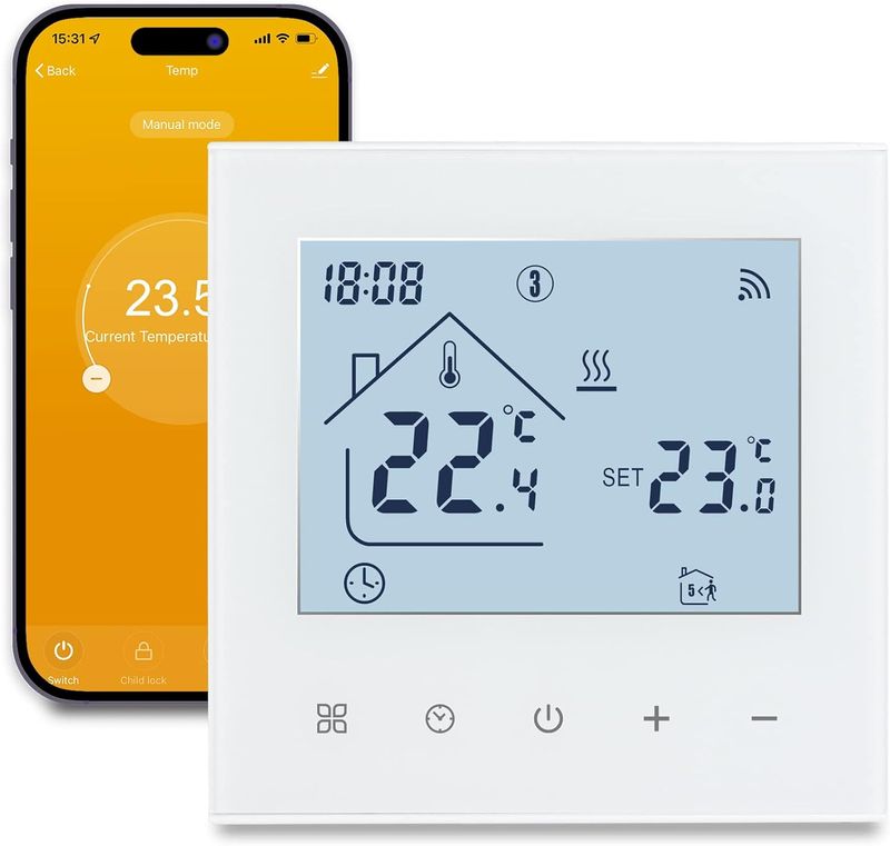 Beok Termostato Inteligente WI-FI para Calentamiento de Agua, TDR89W-WIFI-WP Termostato de Ambiente de Programación con Pantalla táctil LCD Digital Compatible Alexa Google Home Aplicación Tuya Blanco