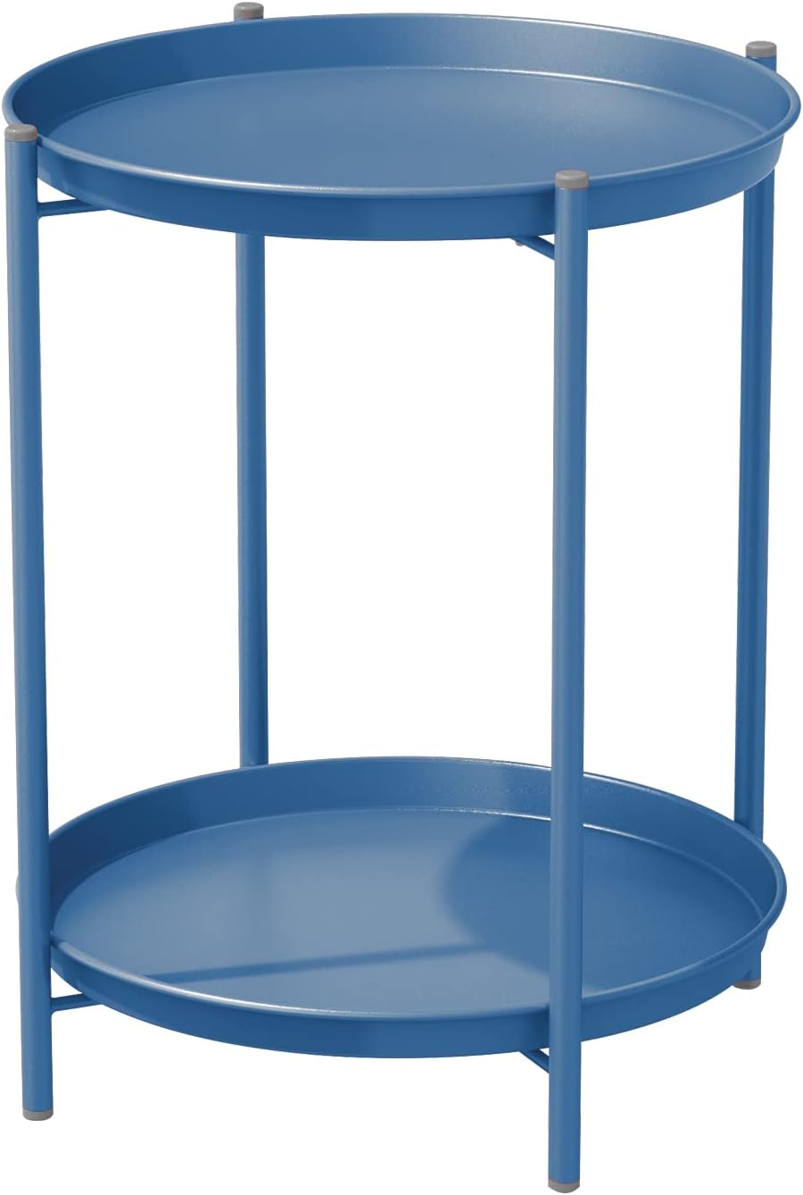 Mesa auxiliar redonda Grand Patio, mesa de centro, 2 niveles, para salón, dormitorio, jardín, mesa de sofá, mesita de noche, bandeja extraíble, fácil montaje, metal, 45 x 45 x 53 cm (azul pavo real)