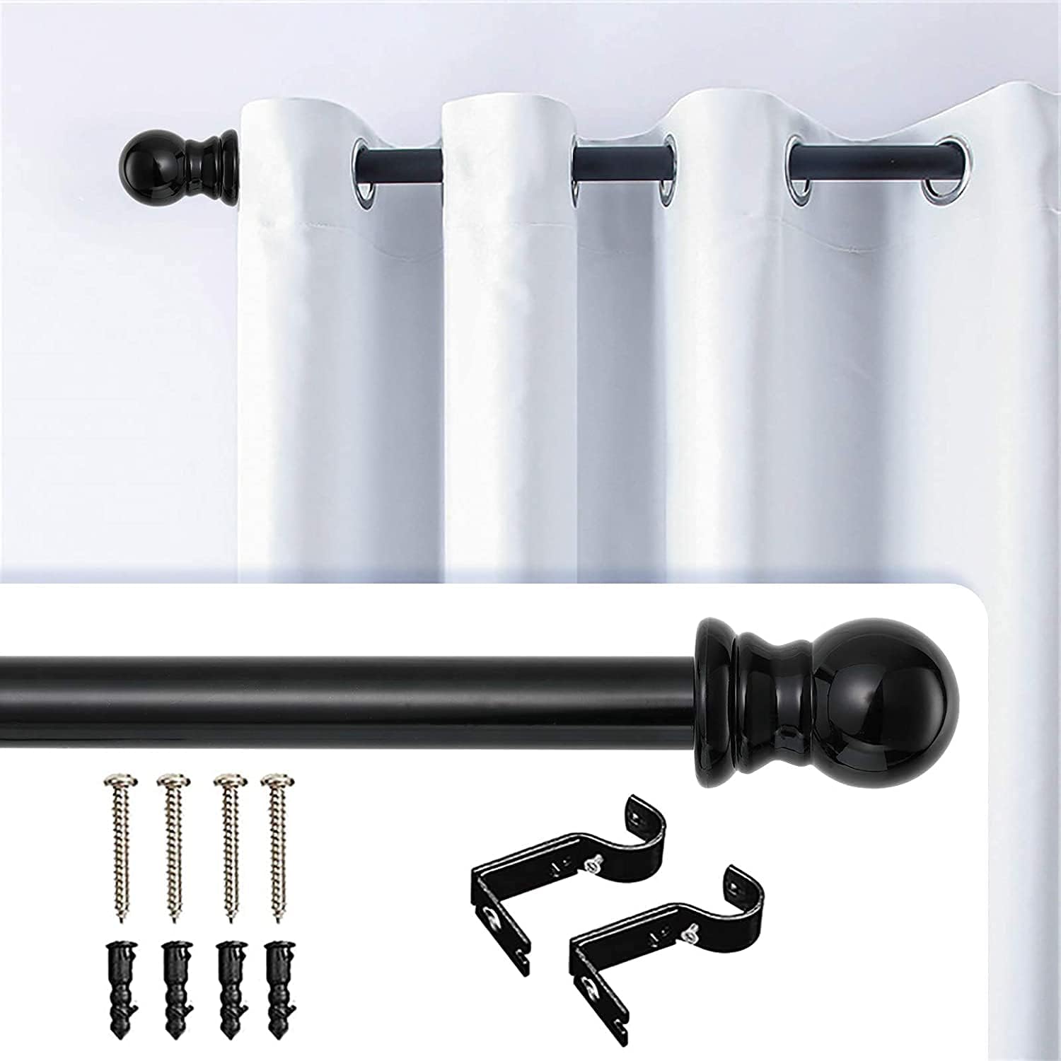 Barra de Cortina, 76-298CM Barra para Cortinas Extensible con Terminales en Forma de Redondo en Acero Inoxidable, Barra de Cortina Decorativo para Ventana de Cocina/Negro