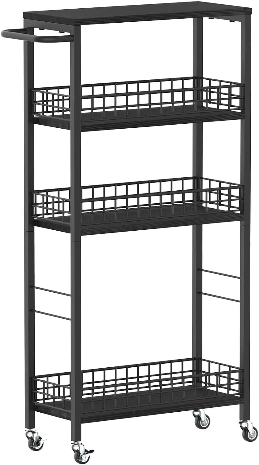 NORCEESAN Carro de almacenamiento delgado de 4 niveles, carro de cocina delgado con ruedas, carro rodante utilitario con mesa de madera, estantería móvil, organizador de almacenamiento de baño, torre 