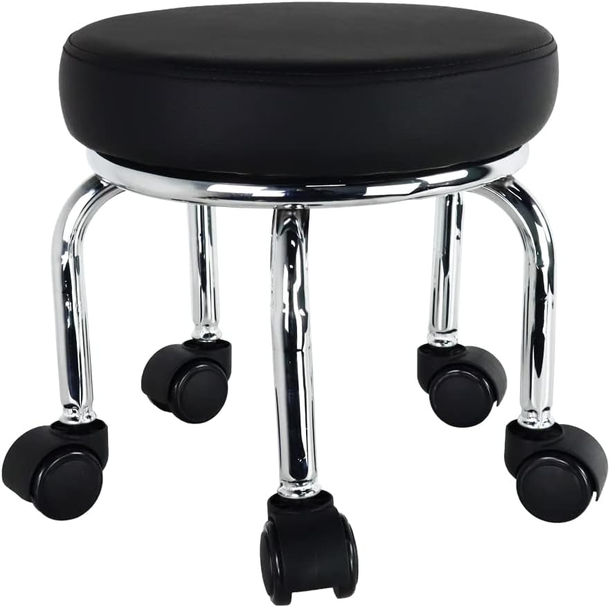 Taburete pequeño WKWKER con ruedas de piel sintética y asiento giratorio de 360°, bajo y redondo, con ruedas universales para el hogar, masajes, jardín, oficina, garaje, tienda, fitness, deportes, altura: 31,5 cm (negro)