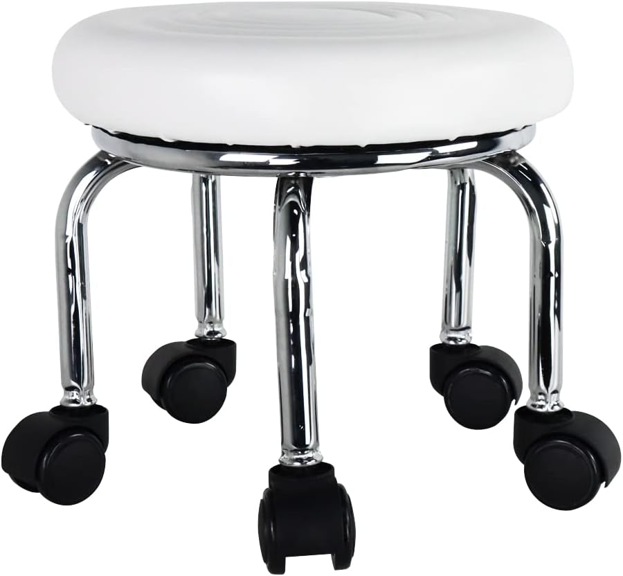 WKWKER Taburete moderno pequeño con ruedas de piel sintética, asiento giratorio de 360°, bajo y redondo, con ruedas universales para el hogar, masajes, jardín, oficina, garaje, tienda, fitness, deportes, altura: 30,5 cm (blanco)