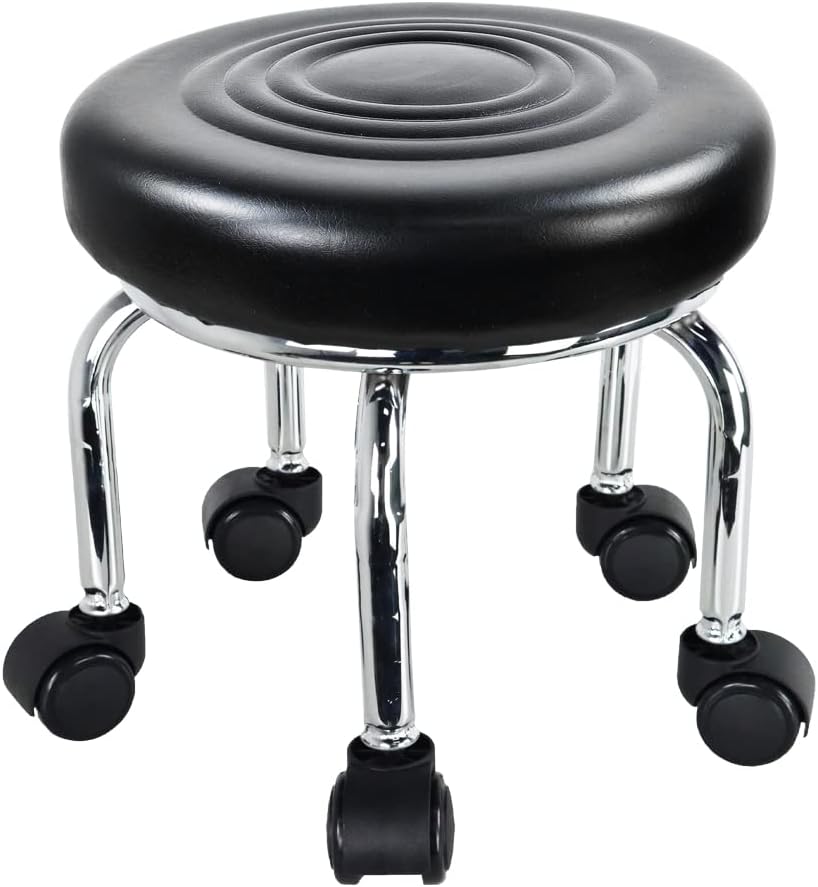 Moderno Taburete rodante pequeño PU Asiento de Rodillos de Cuero 360 ° Giratorio con Ruedas giratorias universales para Masaje en el hogar jardín Oficina Taller de Taller, H: 30.5cm (Negro)