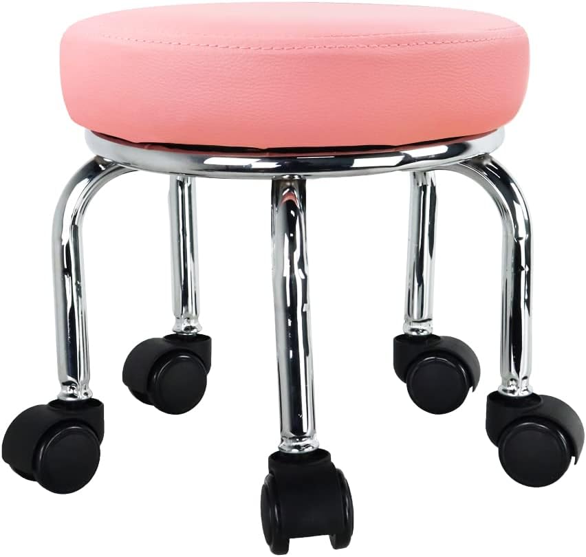 Taburete pequeño WKWKER con ruedas de piel sintética, asiento giratorio de 360°, bajo y redondo, con ruedas universales para el hogar, masajes, jardín, oficina, garaje, tienda, fitness, deportes, 31,5 cm de alto (rosa)