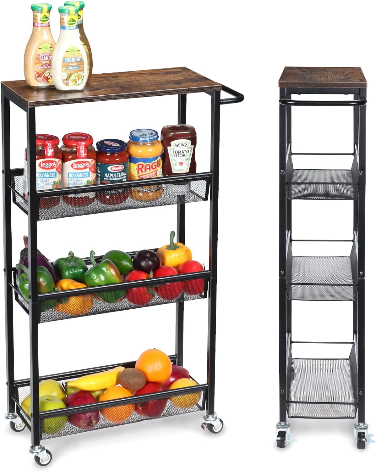 Carrito de Cocina con Ruedas, Carrito Estrecho,Carrito de Servicio de 4 Niveles, Carro con cestas metálicas con Tapa de Madera, Carro de Ahorro de Espacio para la Cocina, Baño, Restaurante