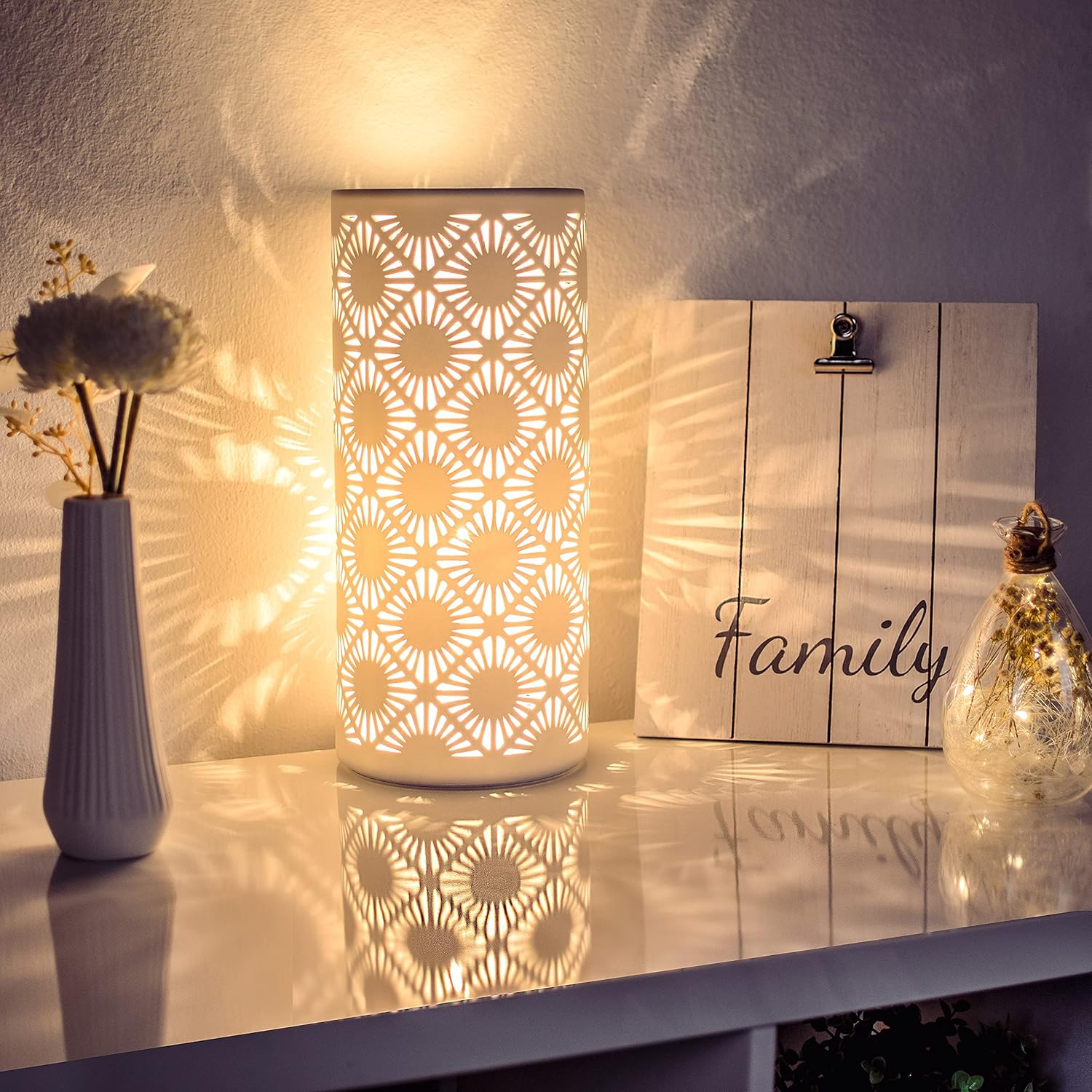 Lámpara de mesa de cerámica VOLIOS® incl. Bombilla LED de 6 vatios I lámpara decorativa I lámpara de noche I lámpara de mesa blanca I decoración iluminada (cilindro)