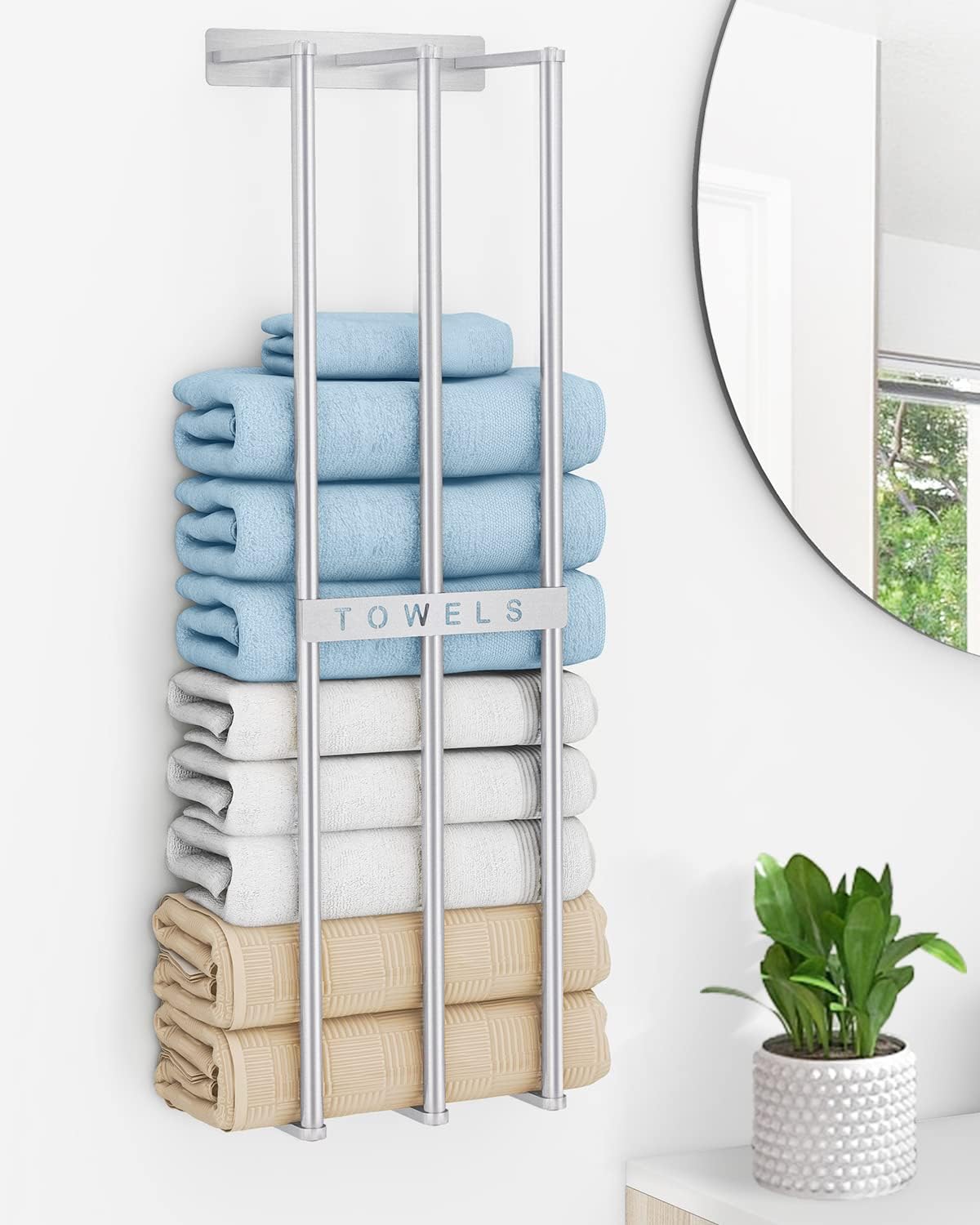 Toallero de pared para baño, 75 cm, para 6 toallas de baño grandes, toallero de pared para toallitas enrolladas, color plata