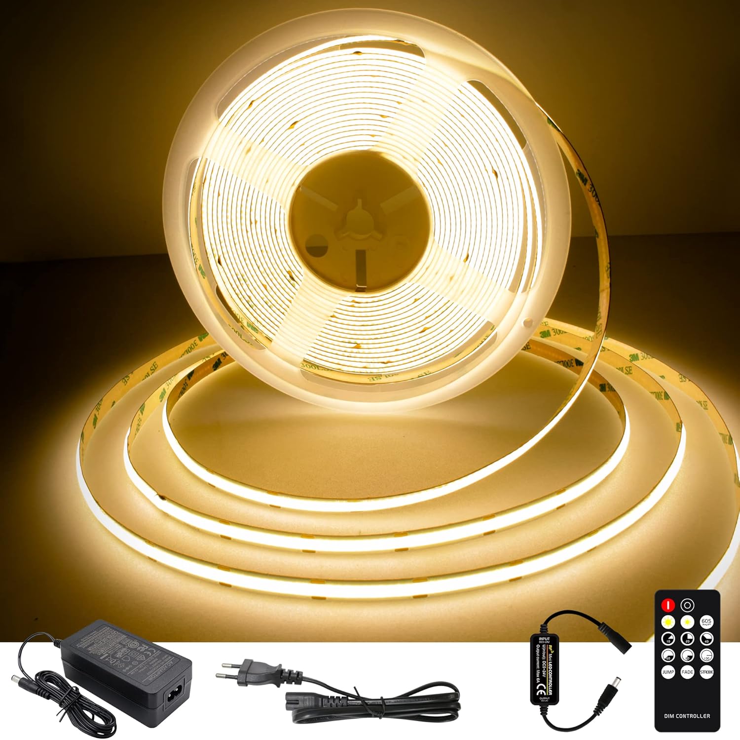 Tira LED COB de alto brillo, 10m, 384 LED/m, CRI>90, 2700K. Voltaje DC24V, 8mm de ancho. Iluminación uniforme y flexible, ideal para instalación en diversos espacios. Garantía de 3 años.