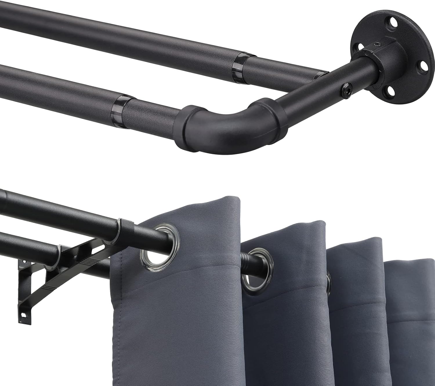 Barras de cortina dobles industriales INFLATION, color negro mate para ventanas de 74 a 163 cm, barras de cortina dobles envolventes de 2,5 cm para sala de estar.