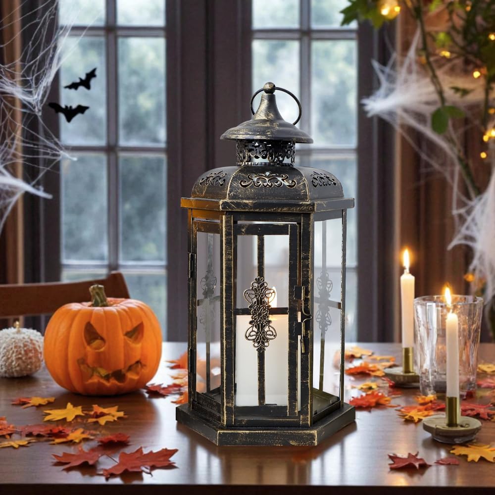Faroles decorativos JHY DESIGN de ??30 cm de alto para exterior, candelabros vintage de metal para uso en interiores y exteriores, fiestas y bodas (negro con pincel dorado).