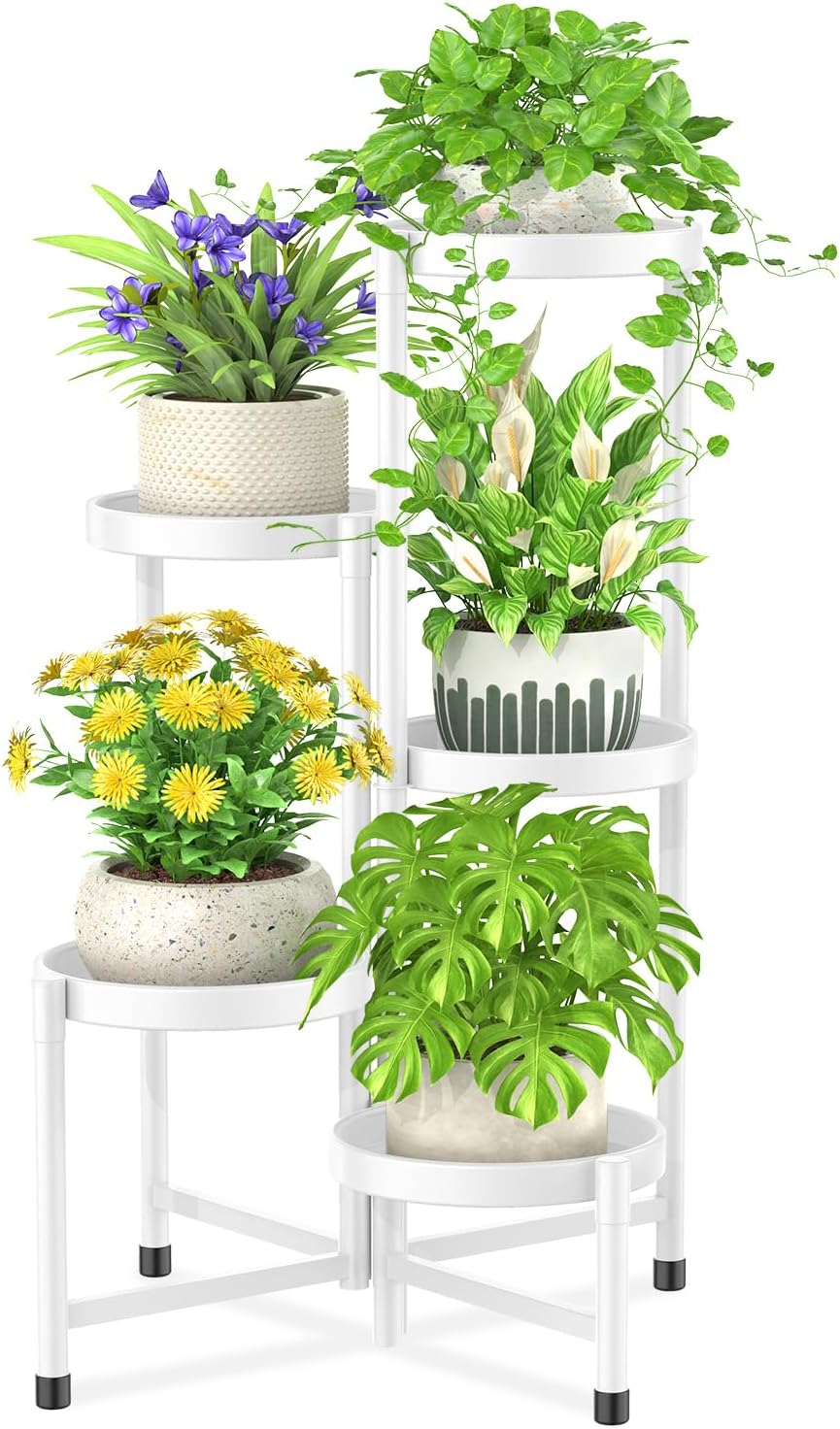 iDavosic.ly,Soporte de metal para plantas de 5 niveles para interiores y exteriores, soporte para macetas de esquina a prueba de óxido, estante plegable de varios niveles, oficina (5 niveles, blanco)