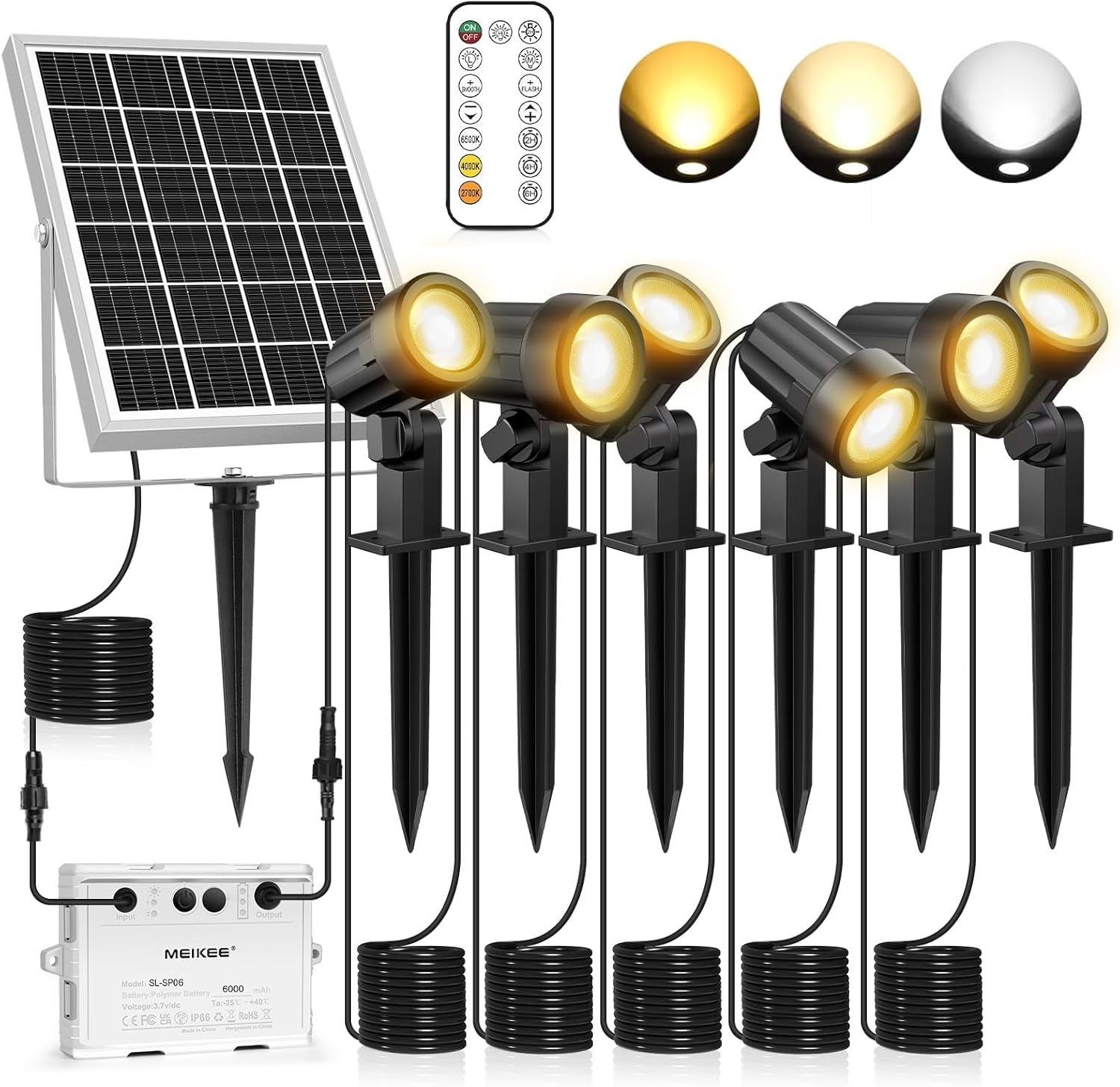 Focos solares MEIKEE (paquete de 6) con control remoto, luz solar para jardín (2700K, 4000K y 6000K), IP66, impermeables, temporizador de 3 niveles de brillo, iluminación para jardín, camino, patio, c
