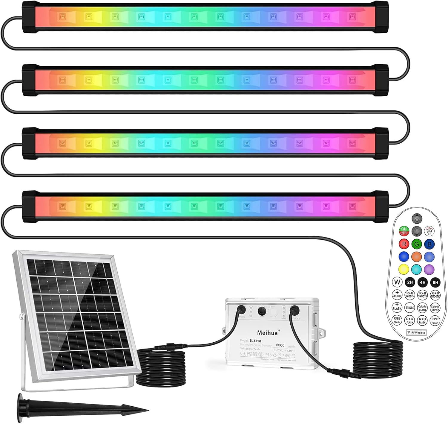 MEIHUA - Foco solar RGB para pared, 10 colores, 30 modos, temporizador, 2 niveles de brillo, luz solar para jardín, 6000 mAh, IP66, resistente al agua, para exteriores, fiestas en el jardín, DJ, carna