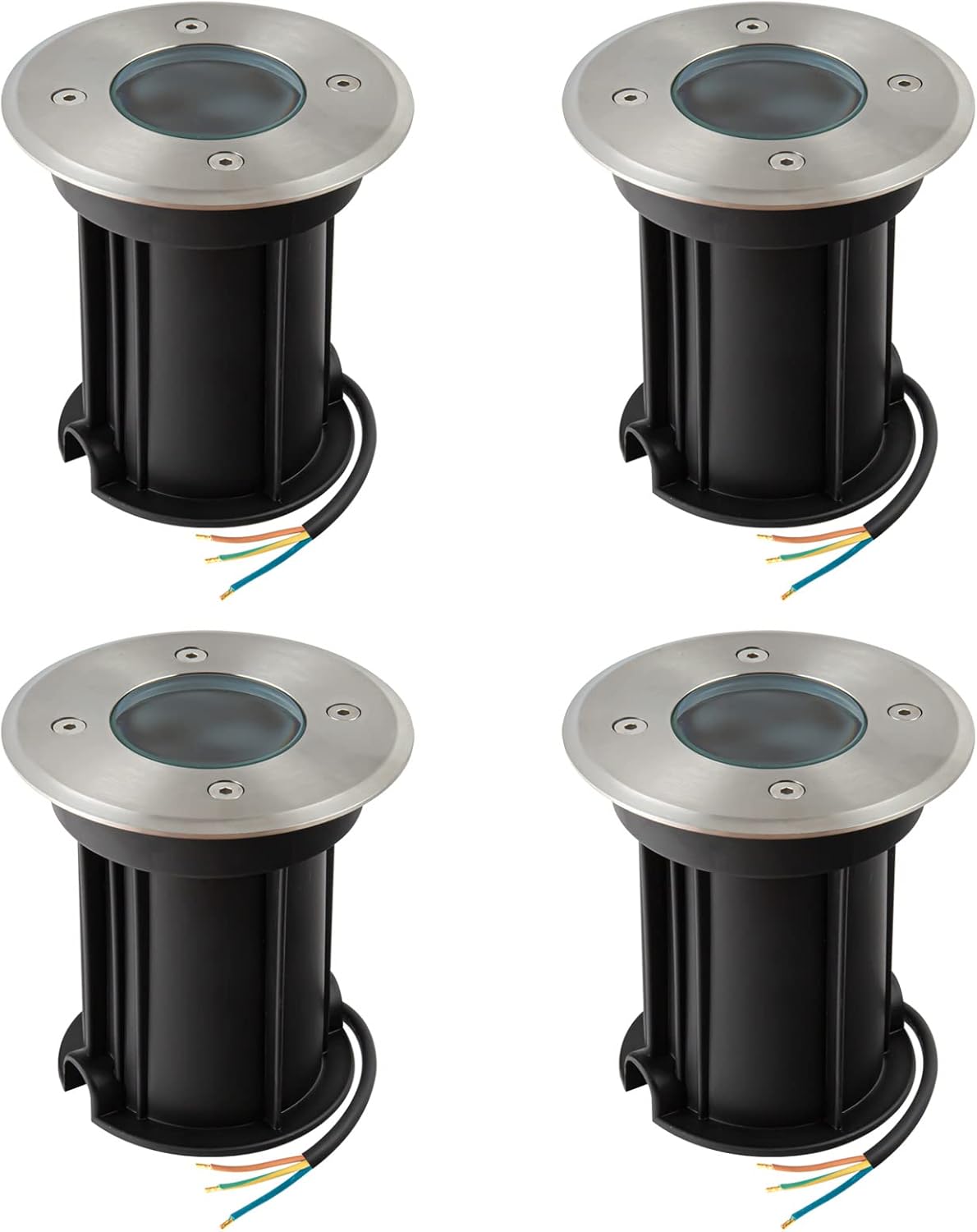 Juego de 4 focos empotrables de suelo para exteriores URing para GU10 - IP67, focos redondos de suelo para exteriores, acabado en acero inoxidable cepillado, 230 V, bombillas no incluidas.