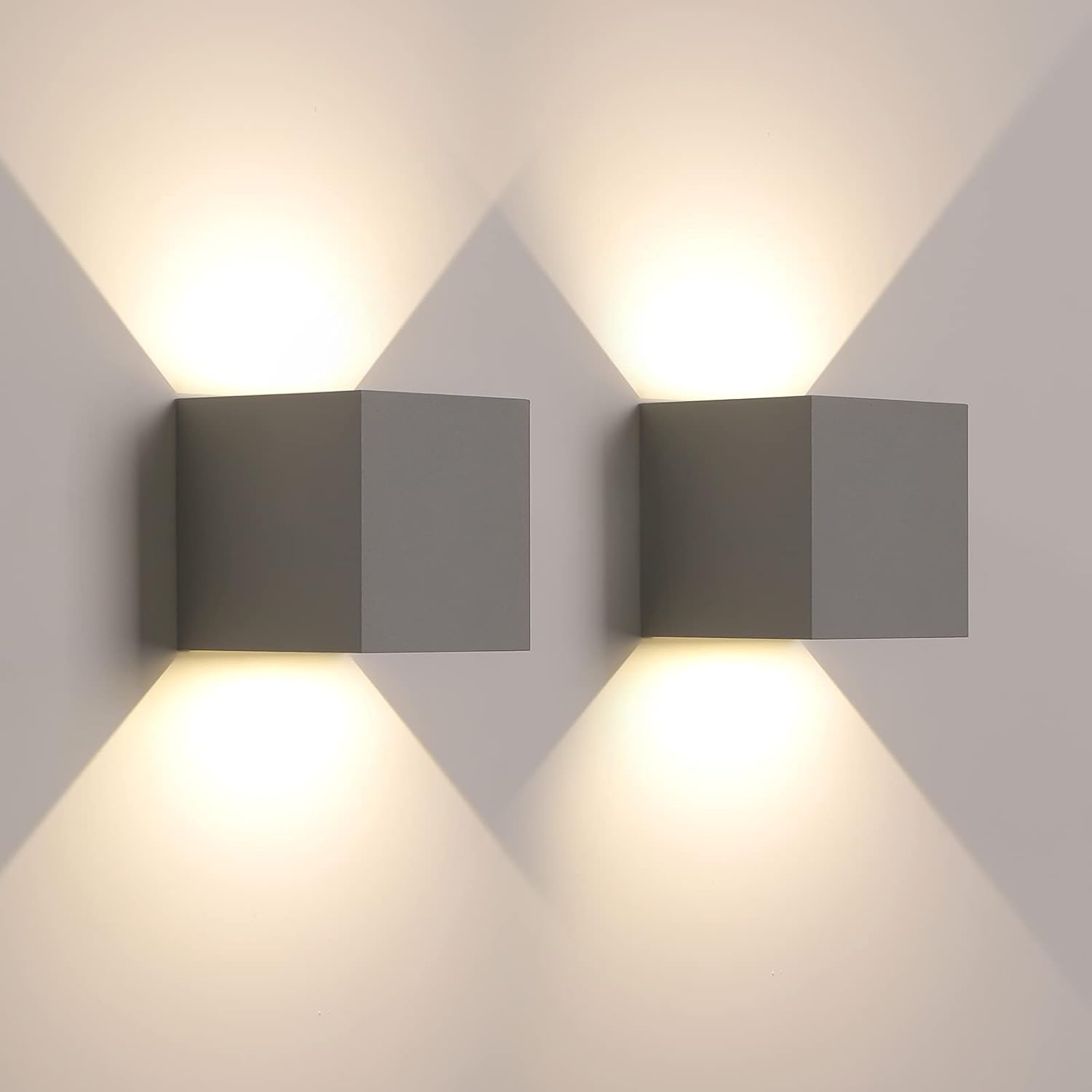 2 Piezas Aplique Pared Exterior/Interior,6W Lámparas de Pared LED 3000K,IP65 Impermeable Apliques de Exterior Arriba y Abajo Ángulo Ajustable,Gris Apliques Pared LED Exterior Cuadrada de Aluminio