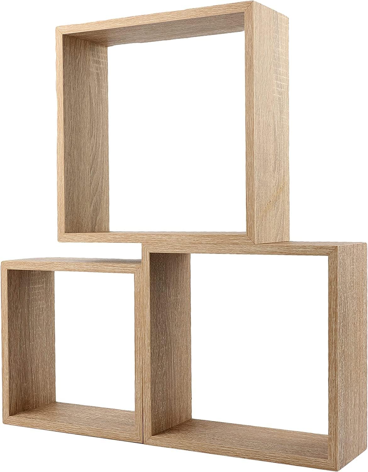H HANSEL HOME Juego de 3 Cubos Estantes de Pared, Estantería de Cubo, Estantería para Libro, Objetos de Decoración, Madera, Beige, 30/27/24 cm