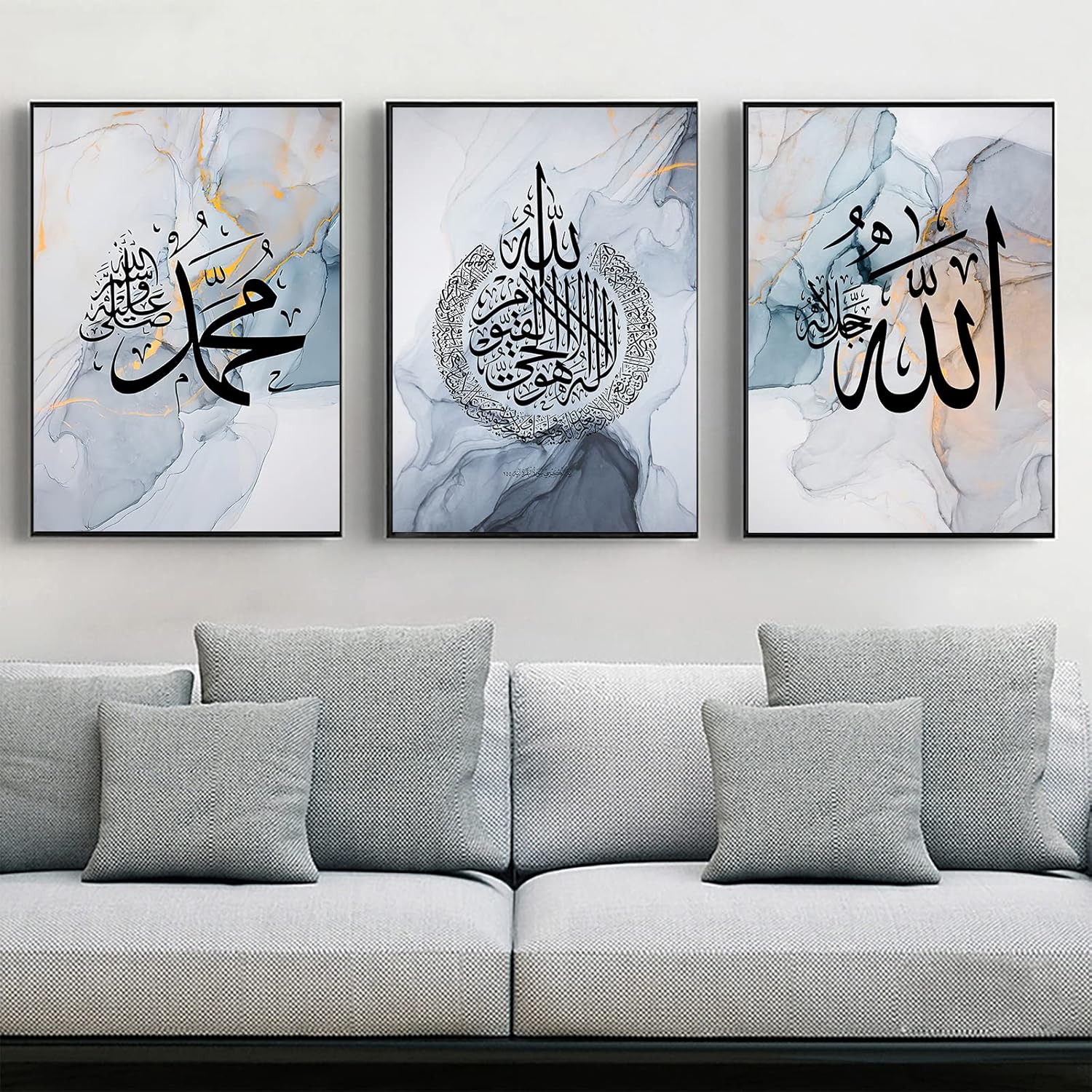 LYBOHO Pintura en lienzo de caligrafía árabe islámica, fondo de mármol plateado, citas islámicas de Alá, póster, pintura en lienzo, decoración, sin marco (Islam - azul, 3PCS-50x70cm)