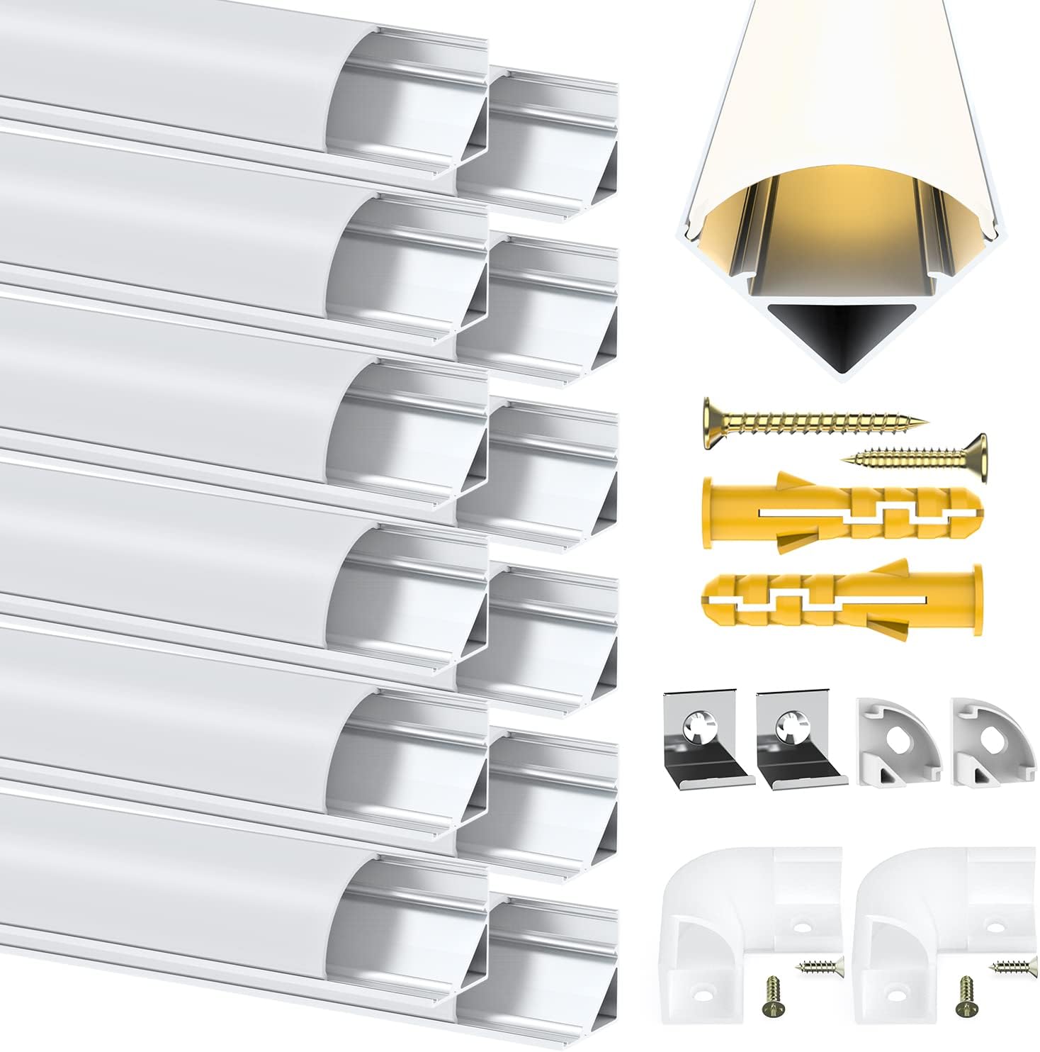 Perfil LED Angdarun, en forma de V, 12 unidades x 1 m, perfil de aluminio LED para tiras LED, perfil/canal de esquina LED, con cubierta blanca lechosa, conectores de esquina, clips de montaje para tiras LED (en forma de V, 12 unidades)