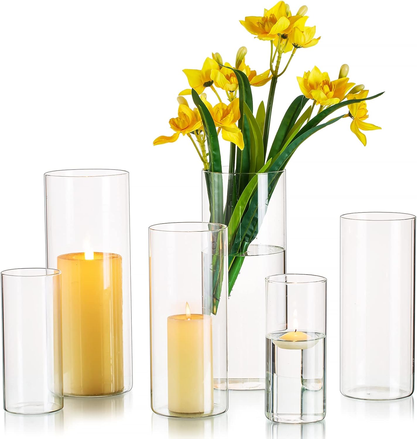Hewory Juego de jarrones de cristal cilíndrico: 6 jarrones de cristal para decoración de mesa de boda, jarrón grande de cristal para velas, portavelas de cristal, juego de jarrones cilíndricos para de