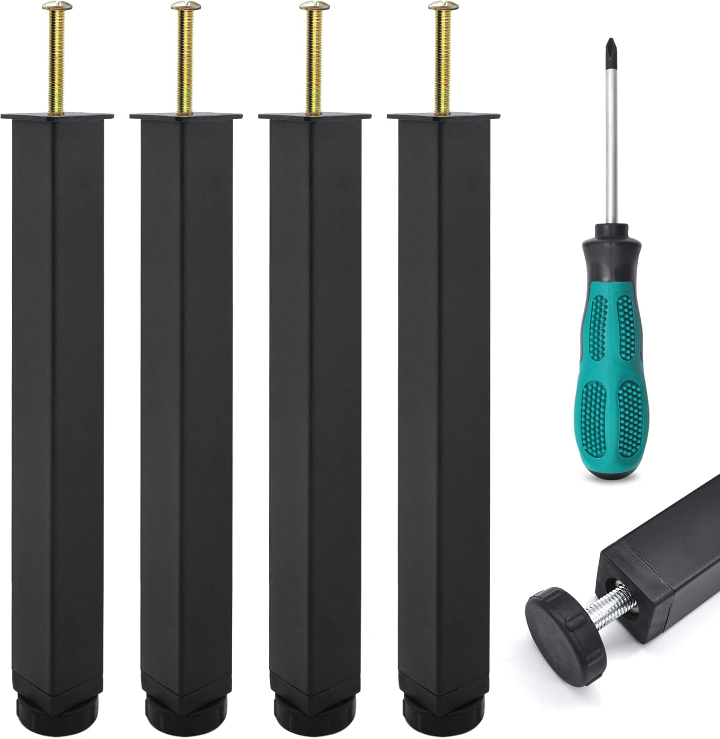 SHEPIN Juego de 4 patas de cama, patas cuadradas para muebles, patas de cama, patas de apoyo para cama, altura 35 cm + 2 cm, patas de mesa universales ajustables, patas de tubo de acero, patas de arma