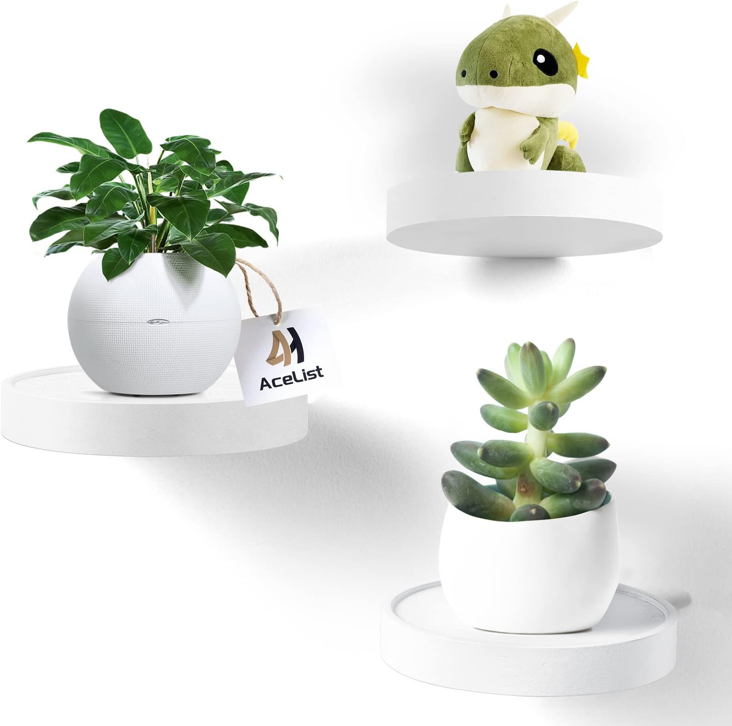 Juego de 3 estantes flotantes redondos de madera de acacia con dimensiones de 15 x 15 x 2,5 cm. Capacidad de carga máxima de 4,5 kg. Incluye tornillos y tacos para una instalación segura. Pintura ambi