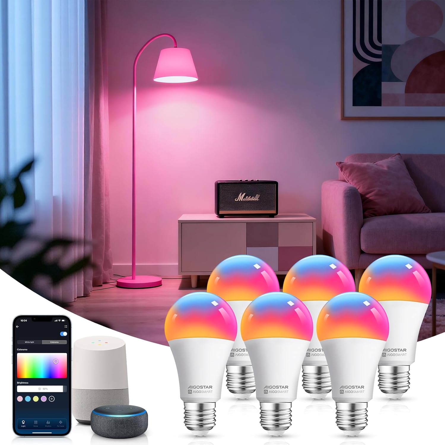 Bombilla inteligente Aigostar Alexa E27 SL2 de 9 W con WiFi, LED RGBCW 2700-6500 K, regulable, sincroniza con música, compatible con Alexa/Google Home, sin concentrador (paquete de 6)