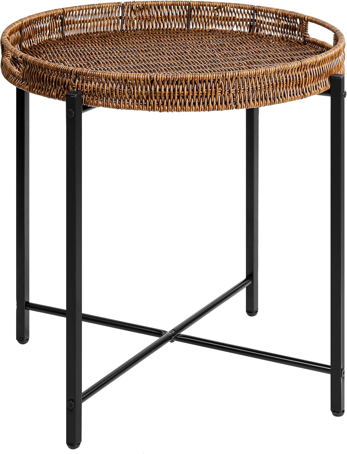 Mesa auxiliar redonda tejida DINGTAI de 48 x 50 cm, mesa de centro con bandeja extraíble, mesa auxiliar de sofá con patas ajustables