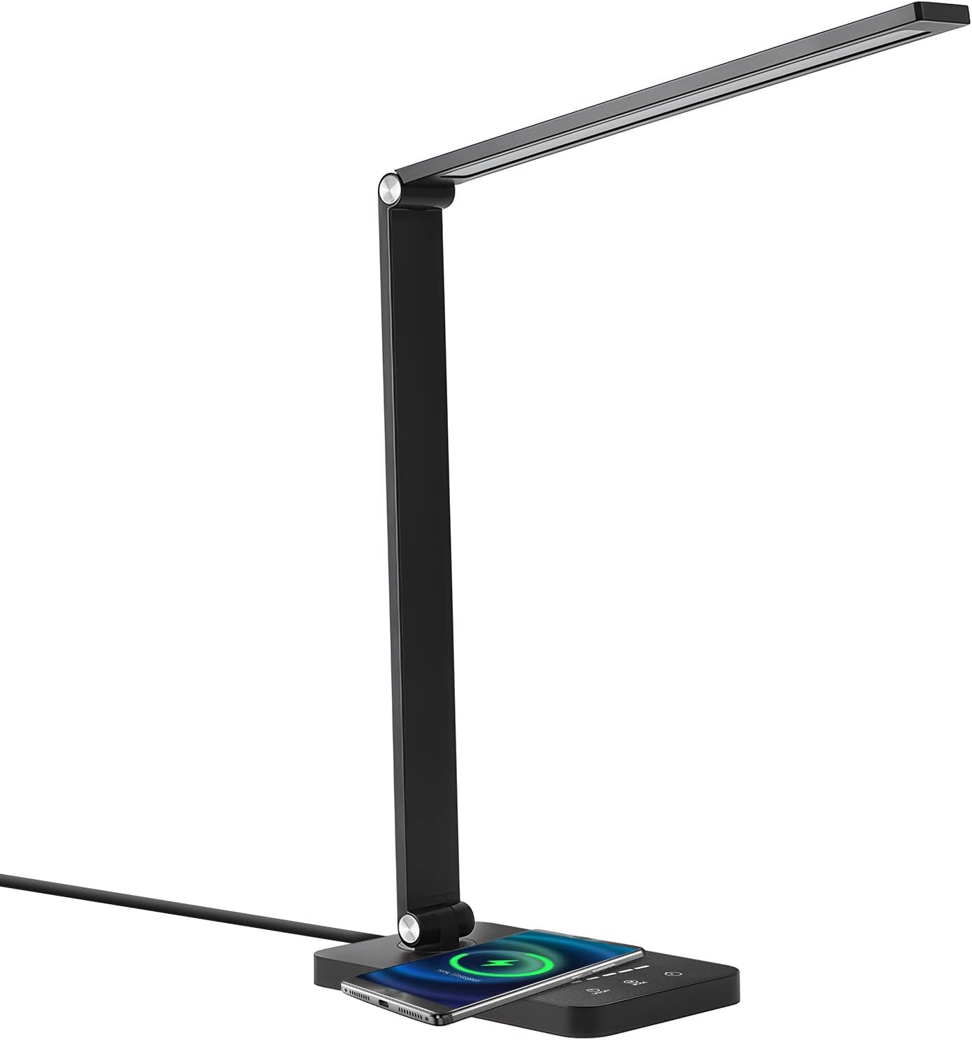 Lámpara de escritorio LED con especificaciones de funcionamiento 100 V–240 V, 7 W de salida, 650 LM de brillo y 5 temperaturas de color ajustables de 3000 a 6000 K. Con carga USB y carga inalámbrica p