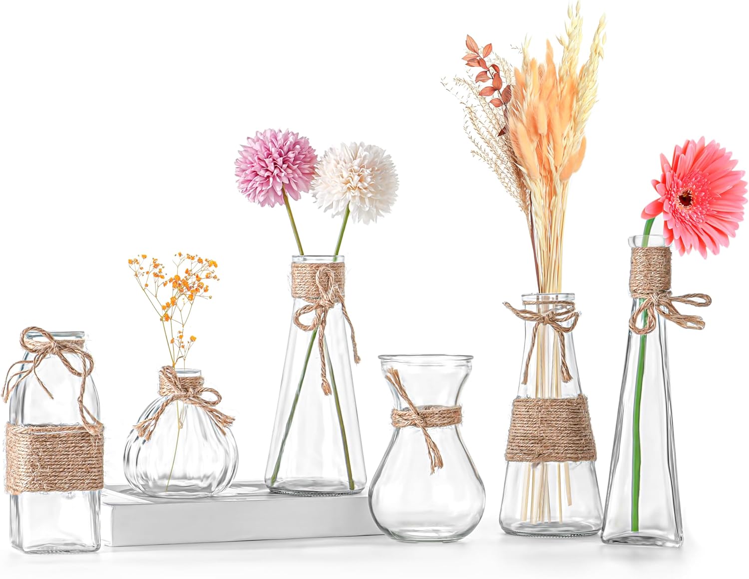 Winter Shore Jarrones Cristal para Centro de Mesa [Pack de 6] - Floreros Decorativos Vintage - Base Antideslizante y Detalles de Cordel Marrón - Decoración Boho y Rústica para Hogar o Mesa de Boda