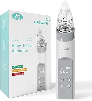 GROWNSY Aspirador Nasal Bebes | Aspirador Nasal Bebé Eléctrico| Aspirador nasal para bebés, recargable, con 3 puntos de succión, función calmante de música y luz y puntas de silicona de 3 tamaños