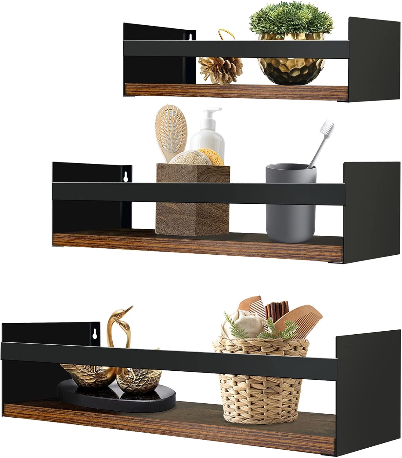 EYMPEU Conjunto de 3 Estanterías de Pared de Madera y Metal, Estantes Flotantes con Diseño Industrial para Decoración y Almacenamiento en Cocina, Baño y Salón