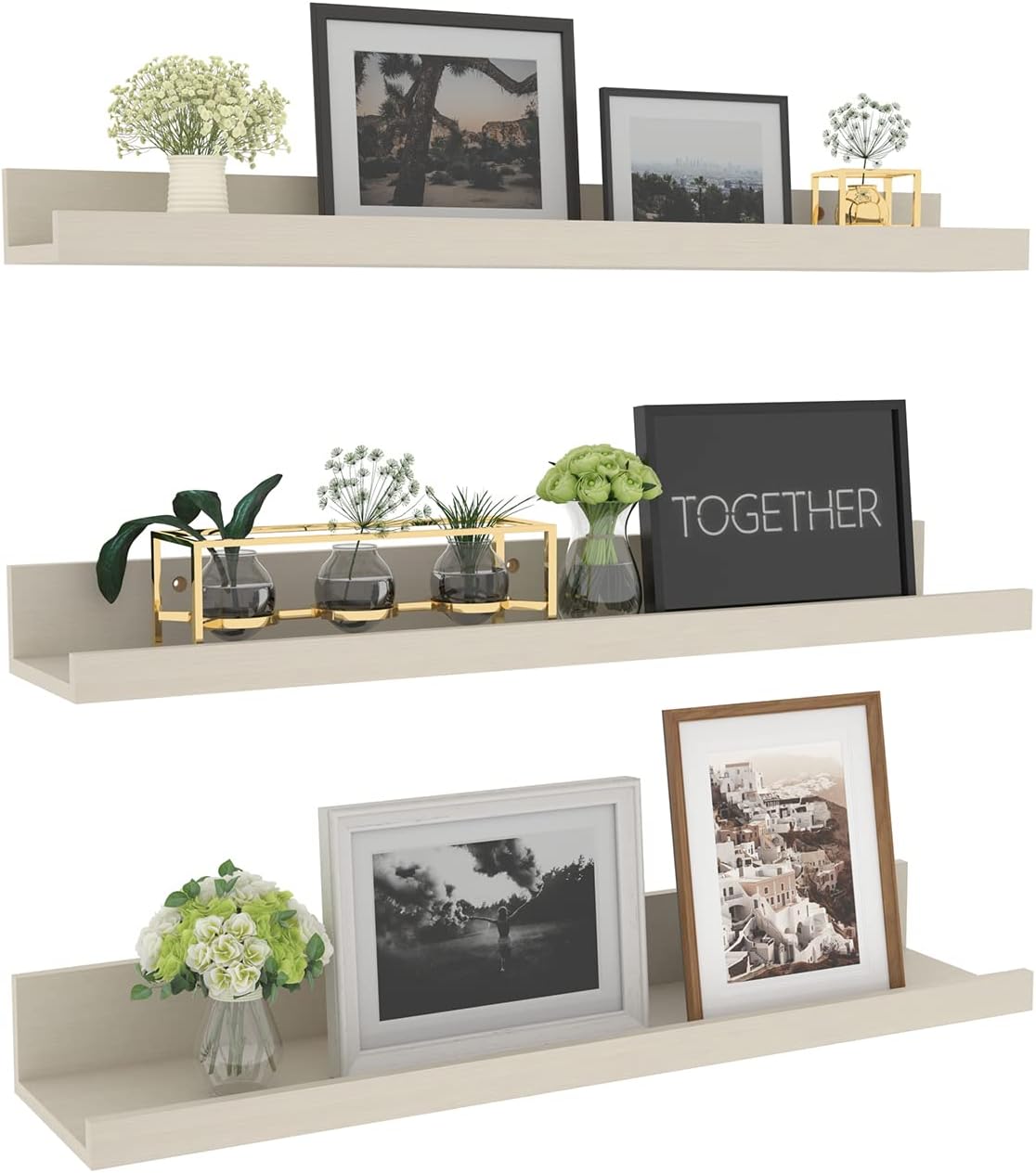 RLAVBL Juego de 60cm de Largo Baldas Estanterías de Pared de Madera Blanca de 3 Piezas - Estanterias de Pared Blancas para Salon, Cocina, Baño, Dormitorio, Ahorra Espacio en el Hogar