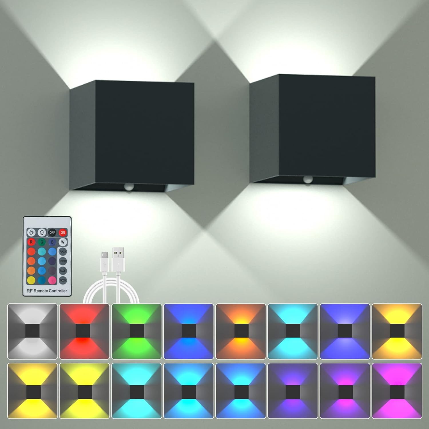 SURPALIG Luces LED para decoración de habitación, apliques de pared RGB conmutables de 16 colores, funciona con pilas, luz nocturna regulable a distancia, recargable, luces de pared magnéticas