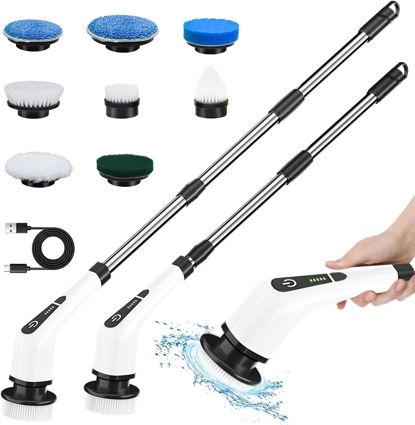 Cepillo de limpieza eléctrico, TOPMAKO New Spin Scrubber inalámbrico con 8 cabezales de cepillo intercambiables y mango ajustable 30-137 CM, 2 velocidades de rotación para baño, cocina, coche