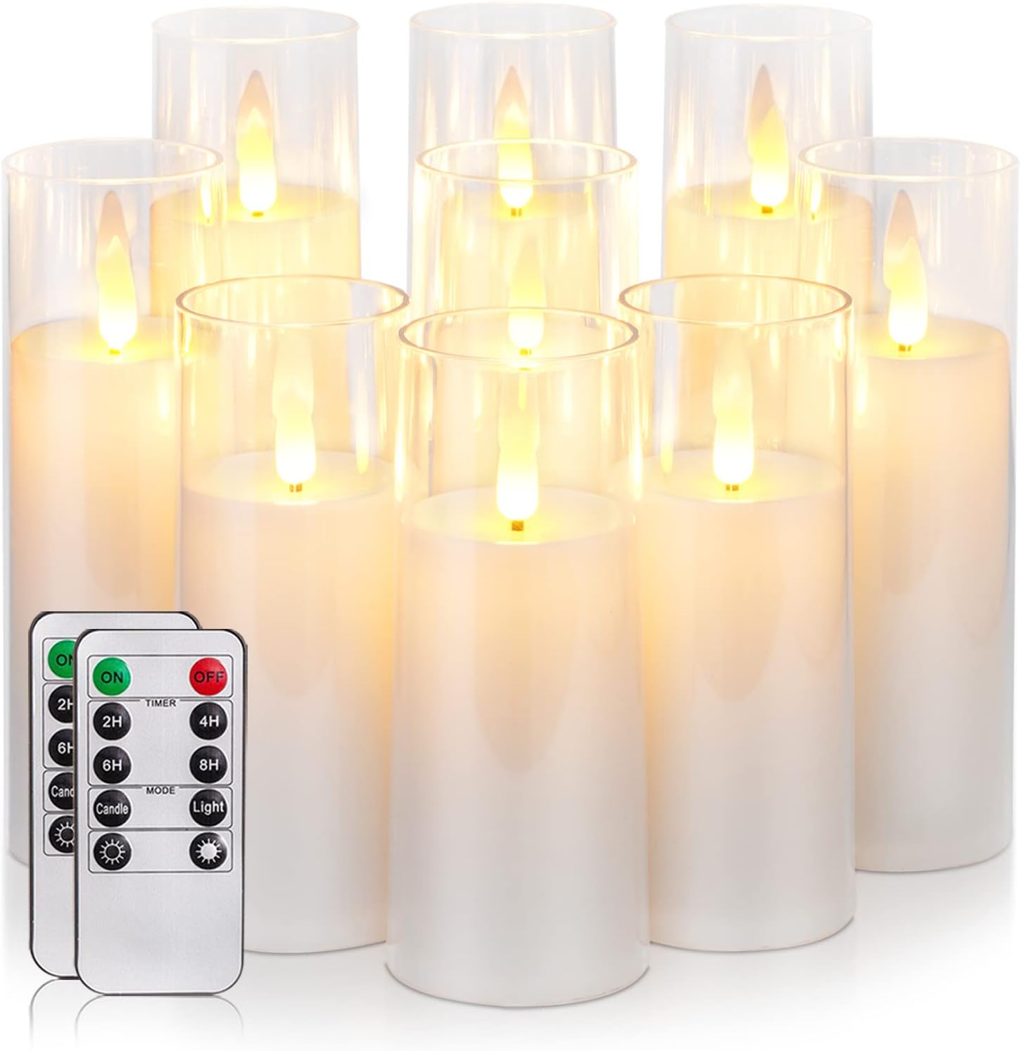 Juego de velas LED sin llama con diseño de belén. Incluye 5 velas en diferentes alturas (3x4, 4, 5, 6 pulgadas) que funcionan con pilas AA (no incluidas). Control remoto con funciones de encendido, ap