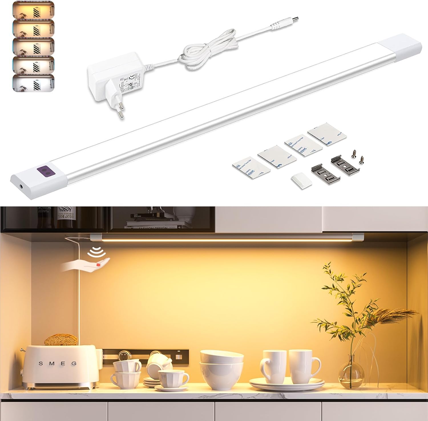 WOBANE - Lámpara LED ajustable para debajo de los gabinetes de cocina, 5 colores de luz, tira de 60 cm con sensor sin contacto, 12 V, iluminación LED para encimeras