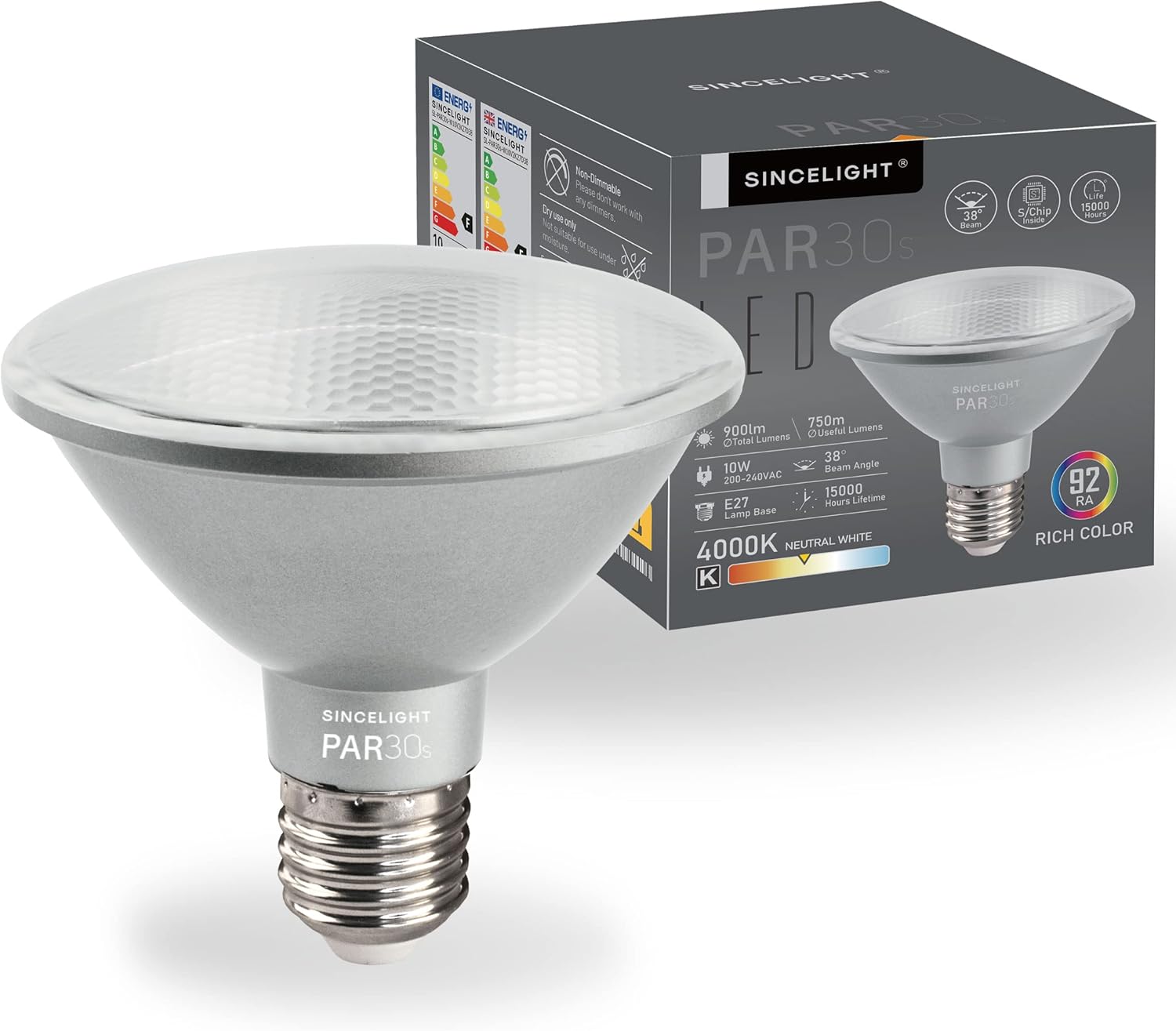 Bombilla LED SINCELIGHT PAR30s con casquillo E27, 10W, 4000K, 900 lúmenes (equivalente a 90W halógeno). Eficiencia energética, bajo consumo, alta durabilidad (15,000 horas), bajo calor emision. Ángulo