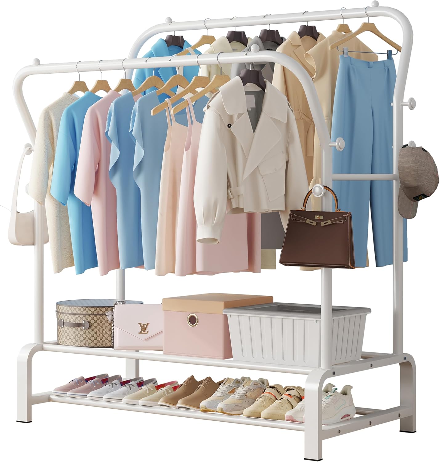 Perchero SMILOVII, soporte multifuncional para armario, perchero doble independiente para dormitorio, barra resistente con 8 ganchos y 2 zapateros, de metal, blanco