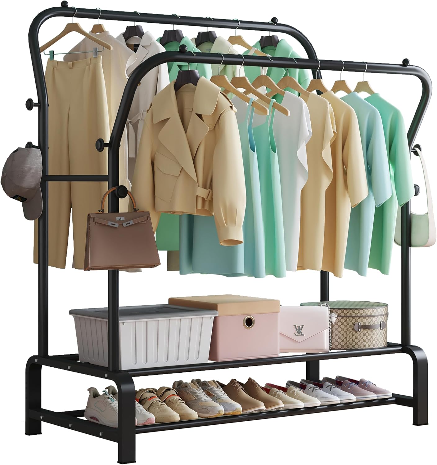 SMILOVII Perchero de pie con doble barra para dormitorio, perchero multifuncional, resistente con 8 ganchos y 2 zapateros, de metal, color negro