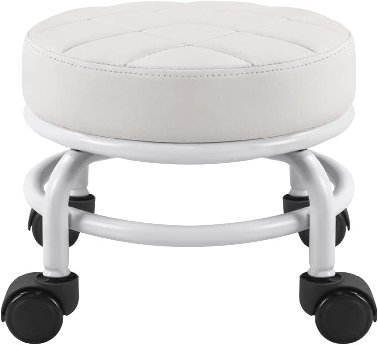 FURWOO Taburete con Ruedas de Cuero de PU, Taburete con Ruedas Redondo y Bajo, Taburete de Piso con Ruedas universales para el hogar, Fitness, Deportes, pedicura, Alto: 25,5 cm (Blanco)