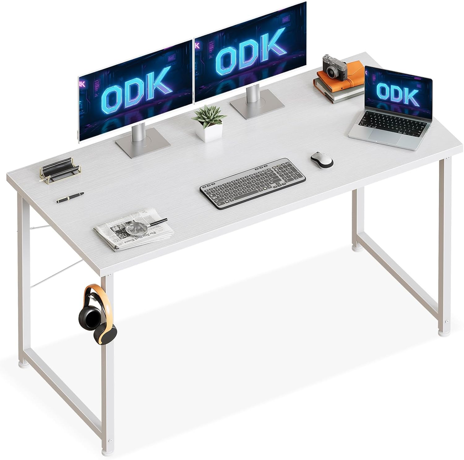 ODK Escritorio De Ordenador, 120x48cm Mesa De Estudio De Ordenador con Bolsa De Almacenaje Y Gancho para Auriculares Mesa De Escritura De Ordenador para Oficina, Dormitorio, Blanco