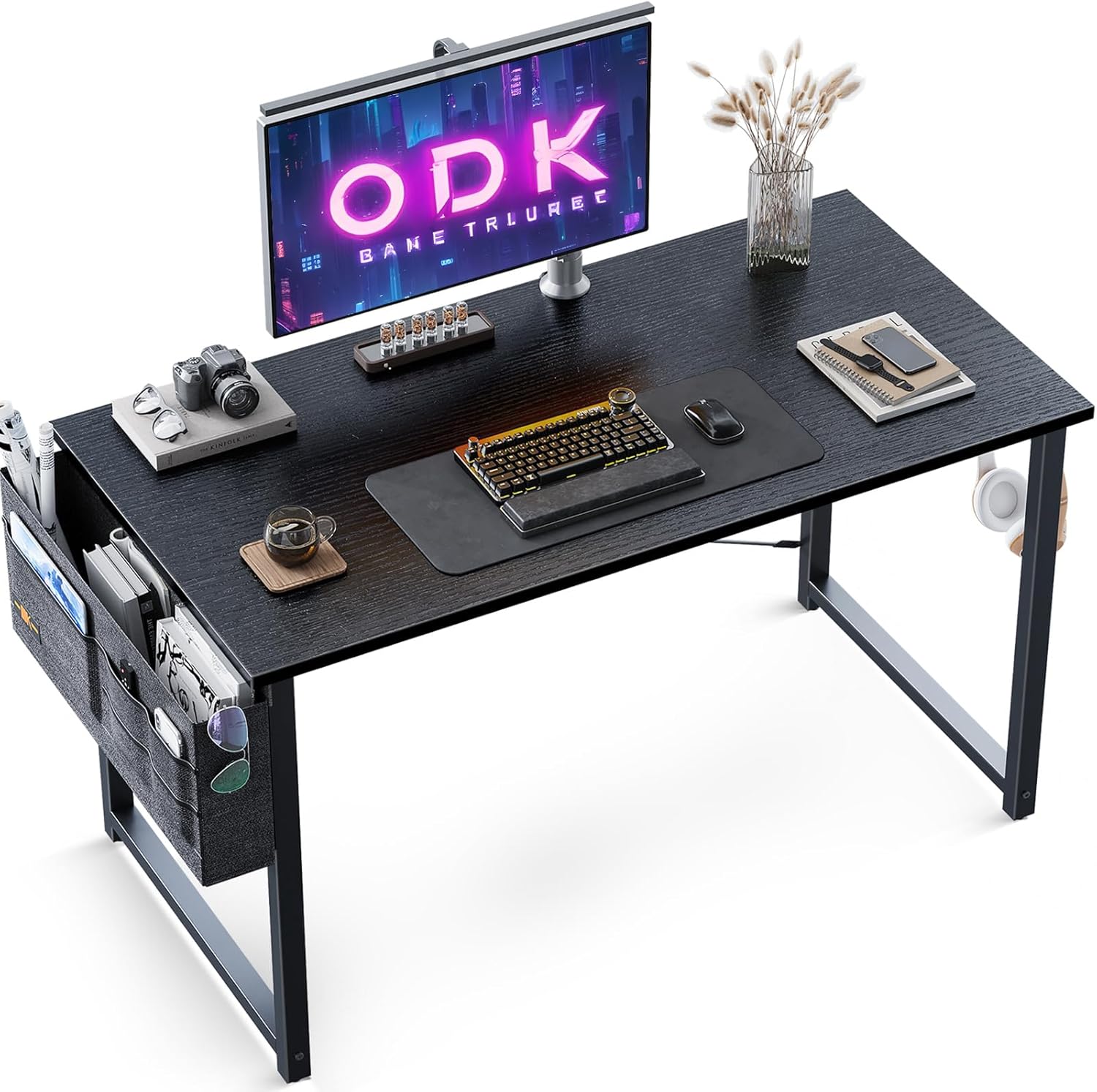 ODK Escritorio de Ordenador, Mesa de Estudio de Ordenador con Bolsa de Almacenaje y Gancho para Auriculares Mesa de Escritura de Ordenador para Oficina, Dormitorio (100x48x74cm, Negro)
