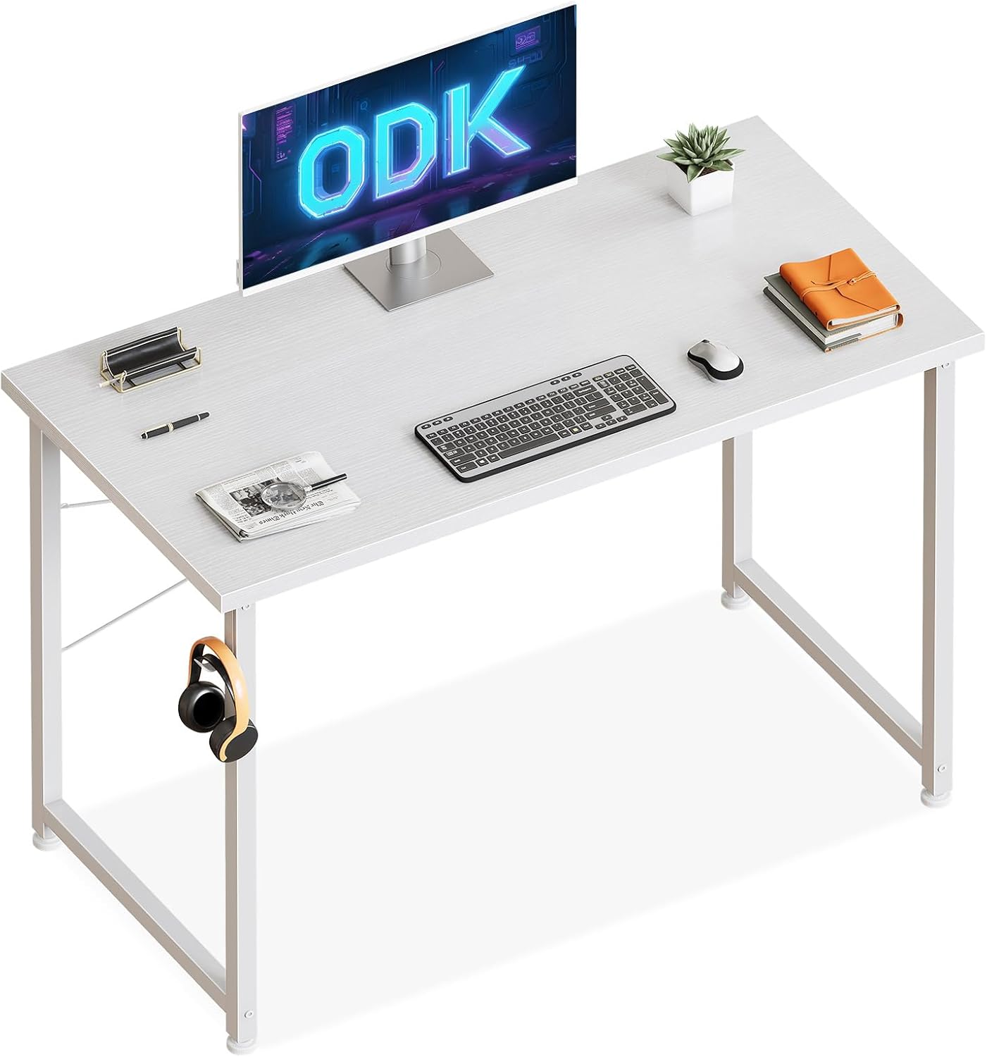 ODK Escritorio pequeño blanco 100 x 48 x 74 cm Escritorio para ordenador Mesa de oficina con soporte para auriculares y bolsa de almacenamiento Escritorio pequeño Estudio Mesa de PC de madera Mesa de oficina para el hogar, la oficina