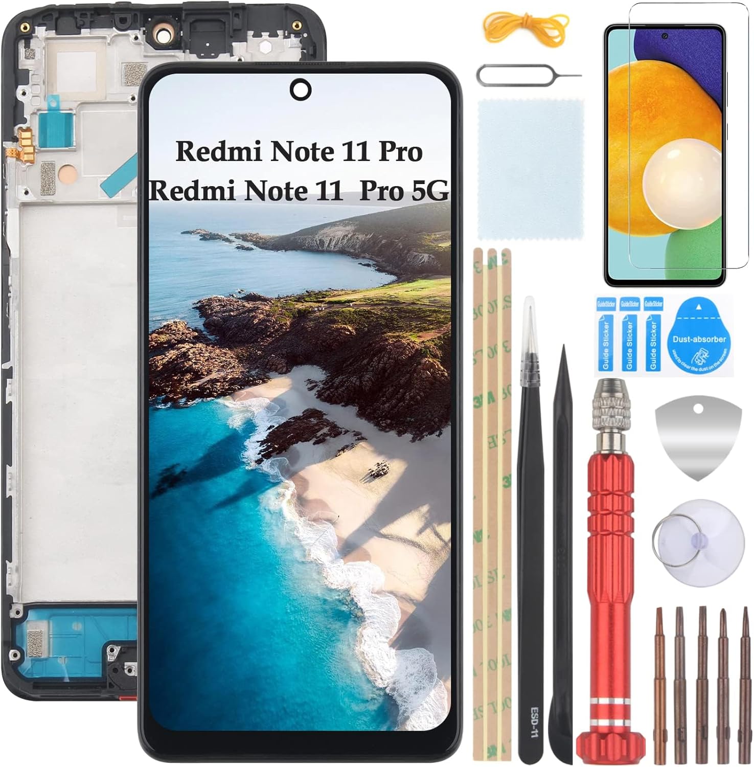 YHX-OU 6.67 Negro con Marco Pantalla LCD para Xiaomi Redmi Note 11 Pro Redmi Note 11 Pro 5G LCD Display Asamblea Pantalla Táctil Completa Reemplazo de Pantalla+ Herramienta+Vidrio Templado