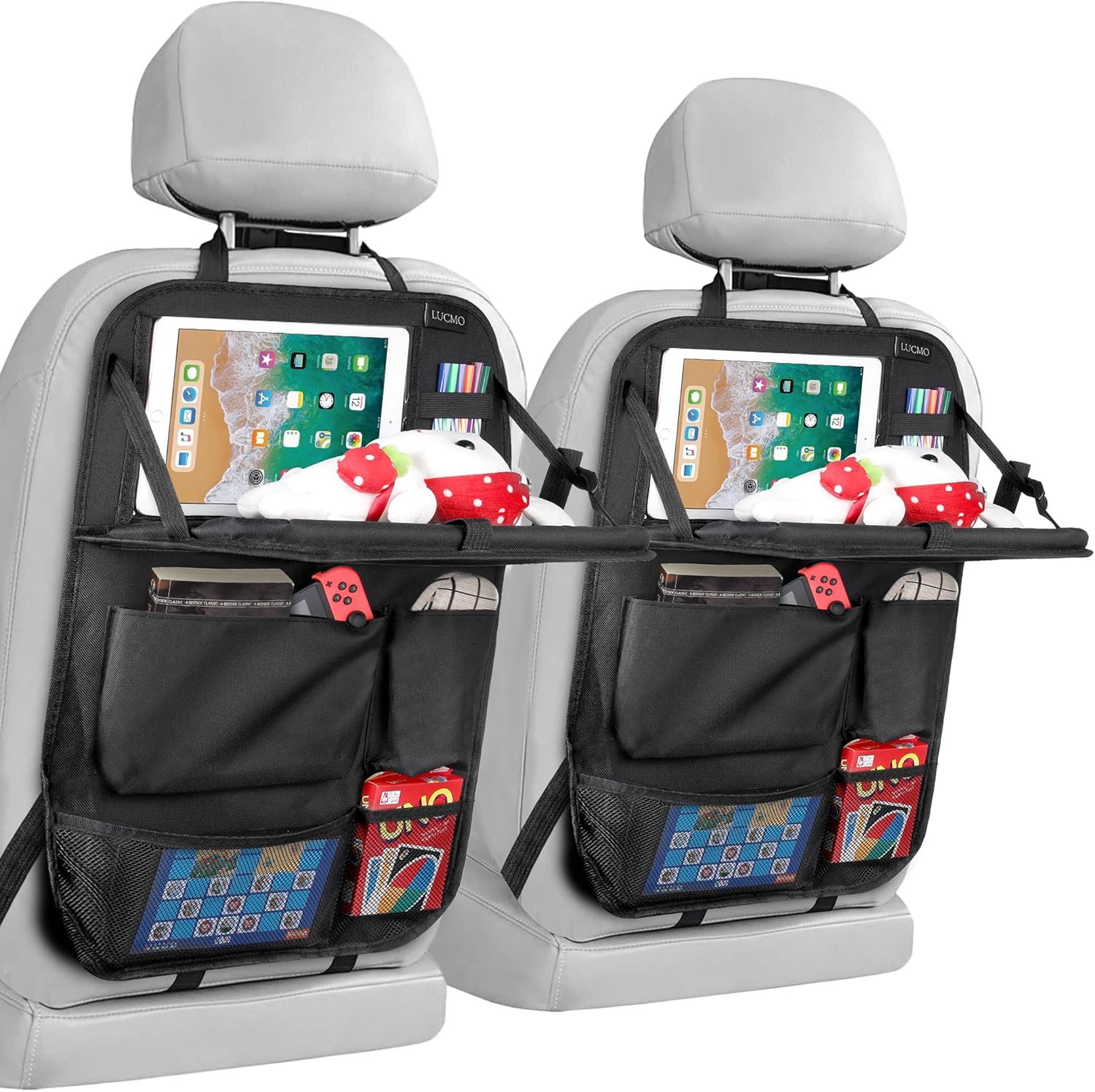 LUCMO Protector de respaldo de coche, organizador de asiento de coche, organizador de asiento trasero con almacenamiento para tableta/teléfono, bolsa de almacenamiento multifuncional impermeable para 